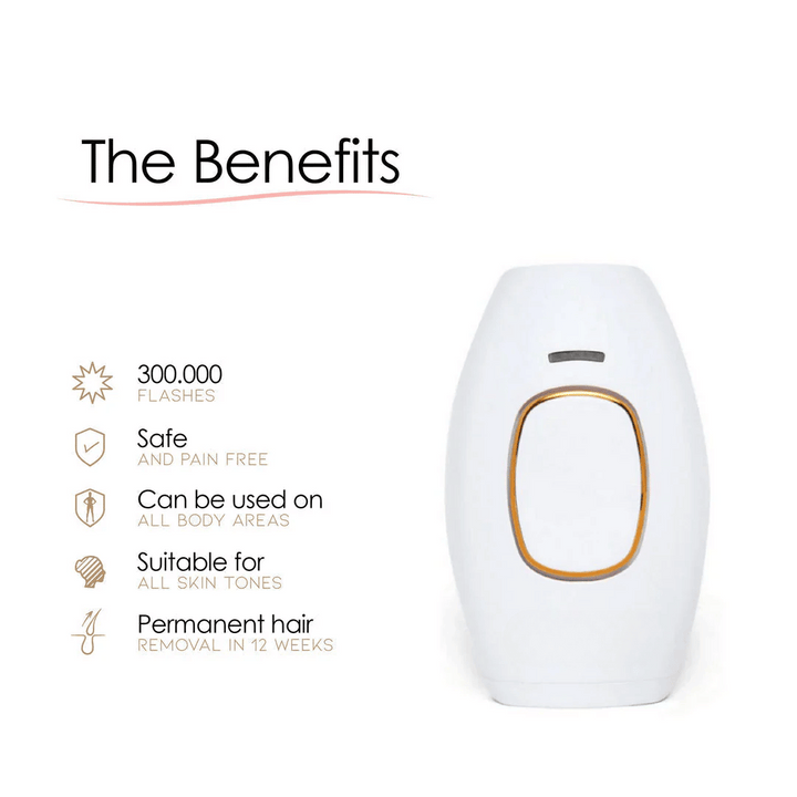 Woman holding a white IPL hair removal device. Achieve permanent hair reduction at home for smooth body & facial skin.