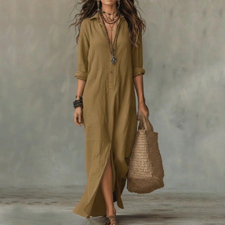 Khaki three-quarter sleeve maxi shirt dress for women. Loose fit button-front design, ideal casual summer style.