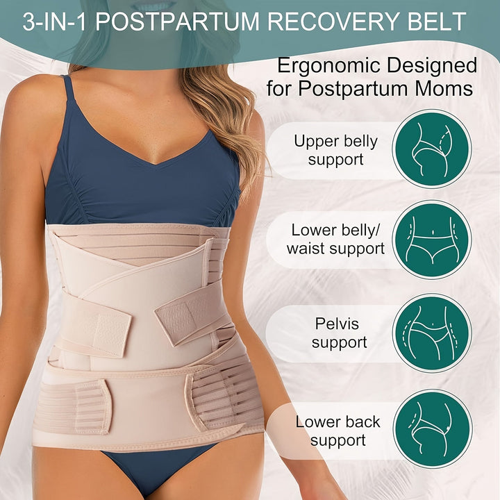 Comfortable, adjustable 3-in-1 postpartum belly band providing core support for women's post-childbirth recovery.