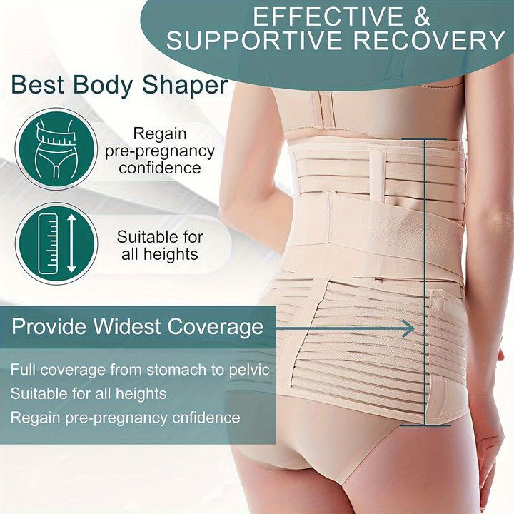 Full view of a 3-in-1 postpartum belly band, showing waist, belly, & pelvis belts for complete recovery support.