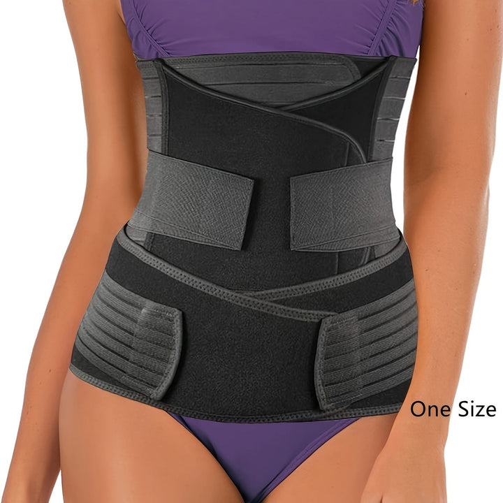 Woman wearing an adjustable 3-in-1 postpartum belly band for core and back support during postnatal recovery.