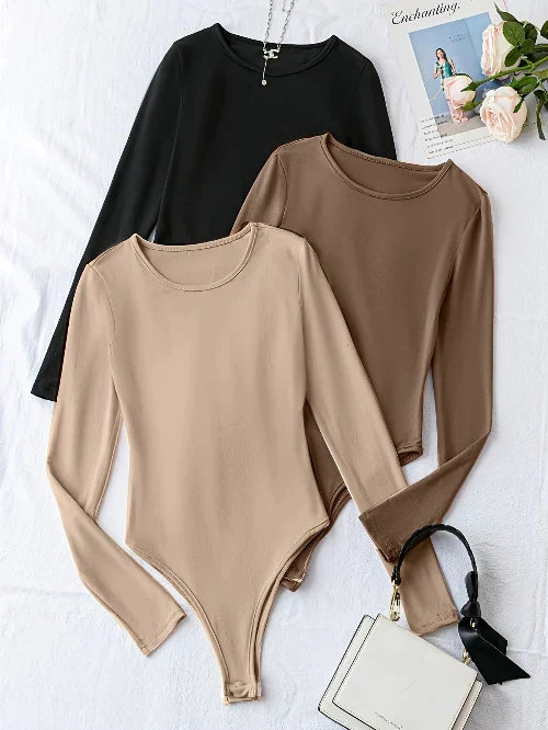 Casual women's long sleeve bodysuits, 3-pack. Basic crew neck design, perfect for comfortable everyday fashion.