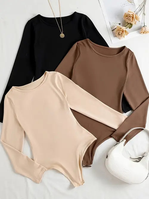 Women's long sleeve crew neck bodysuits, 3-pack. Stretchy & comfortable for everyday casual fashion and layering.