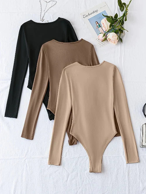All-season women's casual long sleeve bodysuits, 3-pack. Basic, comfortable & perfect for everyday layering style.