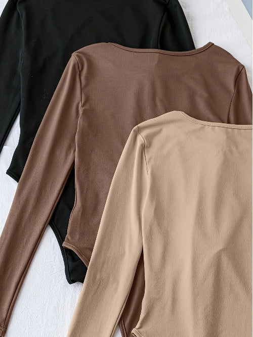 New women's 3-pack long sleeve casual bodysuits. Basic, comfortable, and versatile for everyday fashion trends.