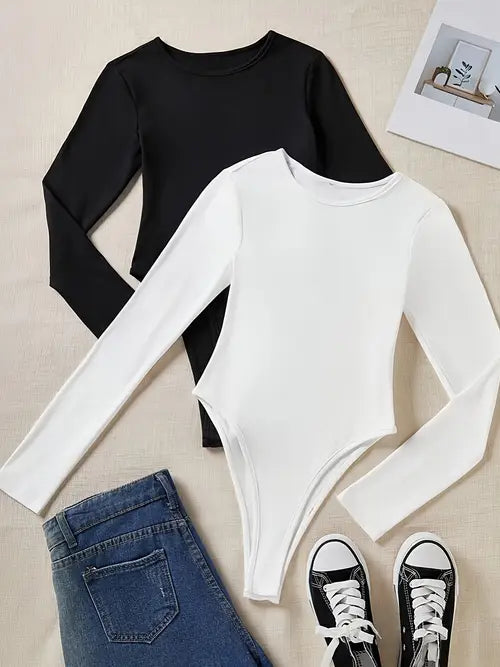Comfortable women's 3-pack long sleeve bodysuits. Stretchy fabric, crew neck for a perfect everyday casual fit.