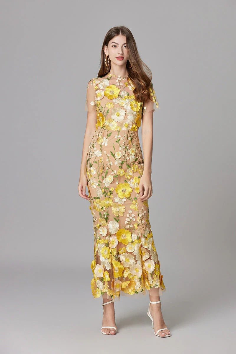 Stunning special occasion sleeveless maxi dress for women with beautiful 3D floral appliqué.