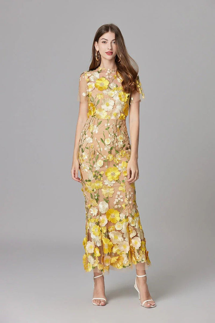Stunning special occasion sleeveless maxi dress for women with beautiful 3D floral appliqué.