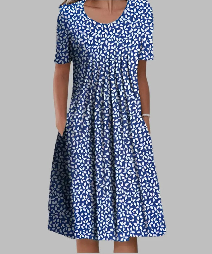 Stylish women's floral print A-line midi dress with short sleeves, a perfect casual or elegant summer dress.