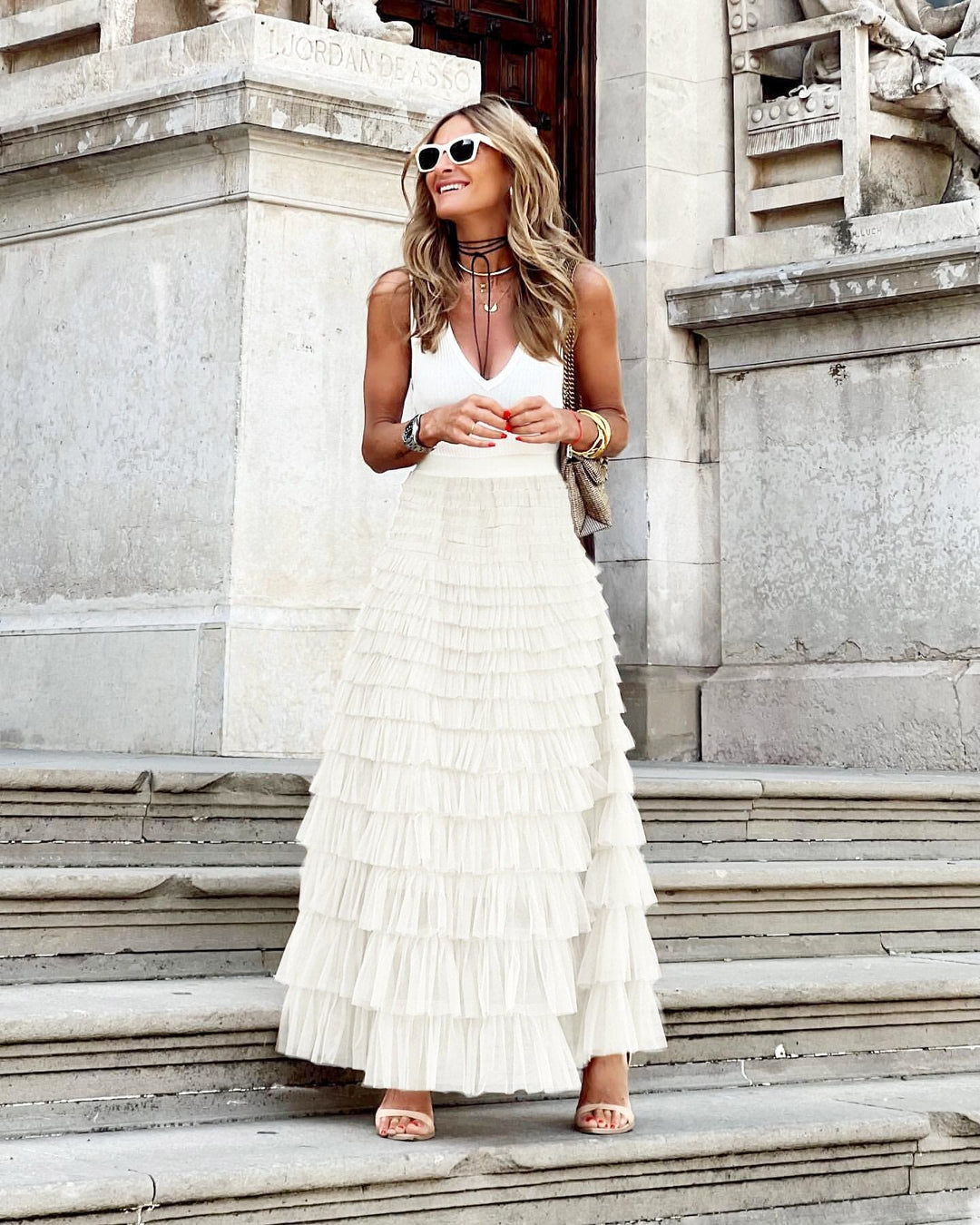 Women's long A-line maxi skirt with elastic waist, offering a flattering, flowy & elegant drape. All-season.