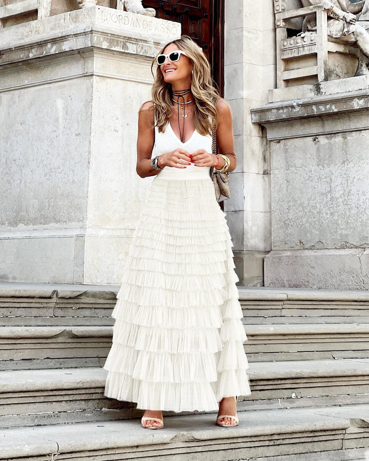 Women's long A-line maxi skirt with elastic waist, offering a flattering, flowy & elegant drape. All-season.