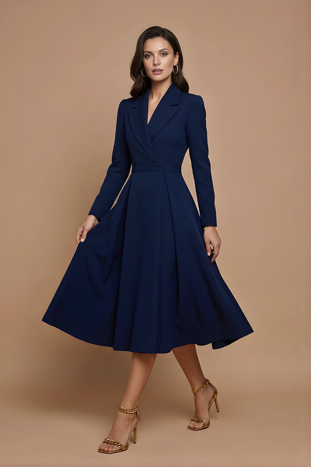 Professional women's A-line midi dress. Notched lapel, long sleeve, and elegant pleated skirt define this workwear essential.