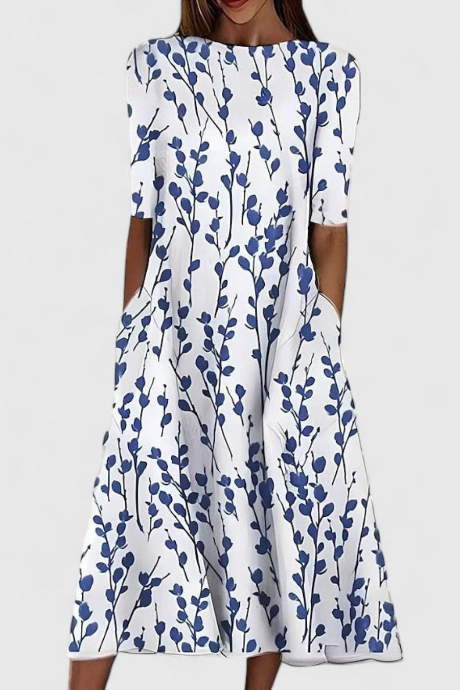 Women's A-line midi dress with short sleeves & pockets, ideal for casual summer style.