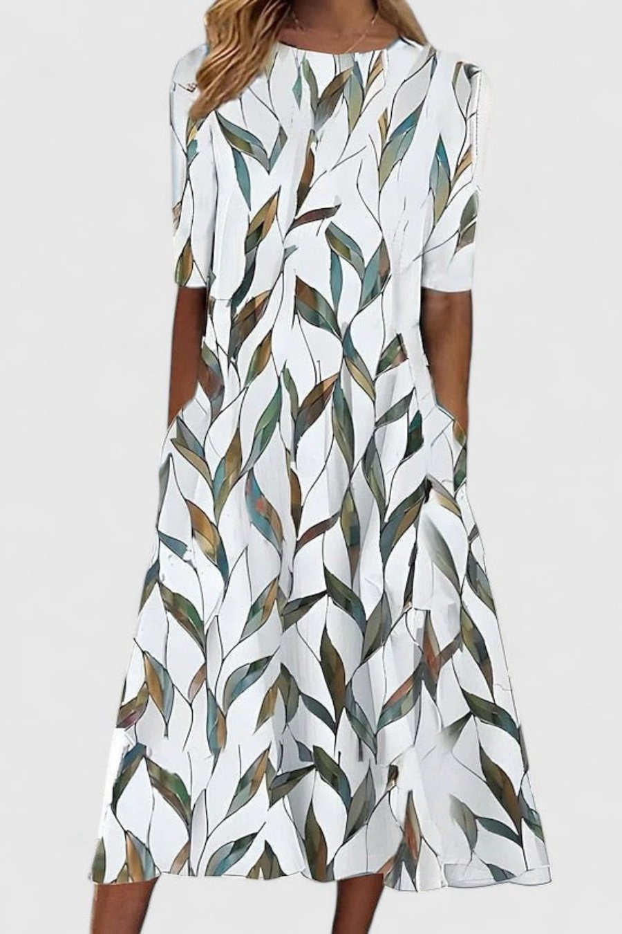 Floral print A-line midi dress for women, featuring short sleeves and a round neck, versatile fashion.