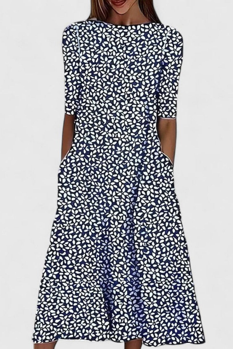 Comfortable women's short sleeve A-line midi dress with practical pockets, perfect for everyday wear.
