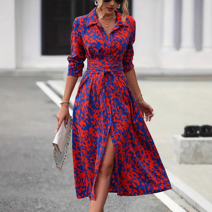 Women's A-line midi dress with stylish waist tie and button-down front, perfect for a versatile day or summer look.