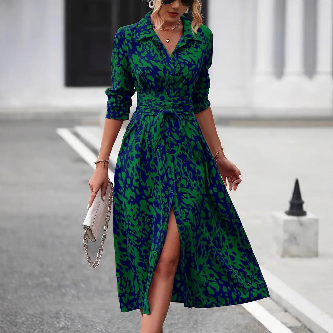 Comfortable women's versatile midi dress, an A-line cut with a waist tie, suitable for casual or elegant wear.