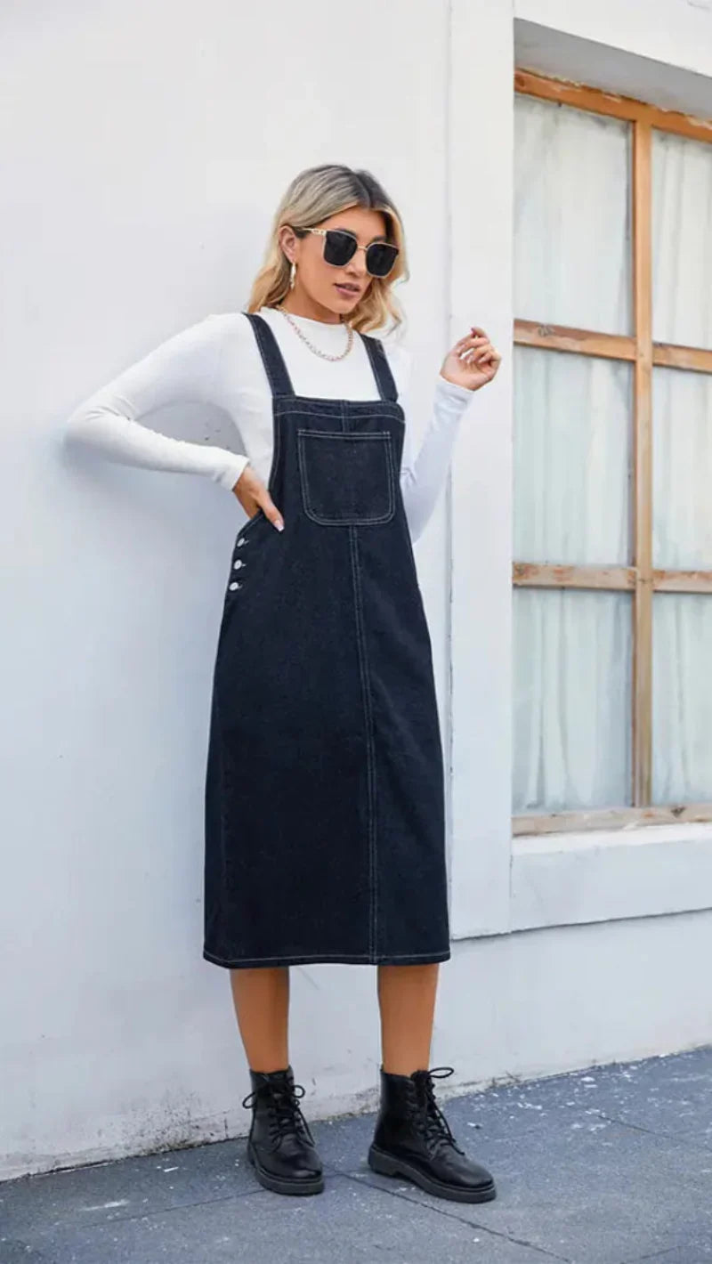 Women's A-Line midi pinafore dress for casual style, comfortable everyday wear. Perfect for spring layering.