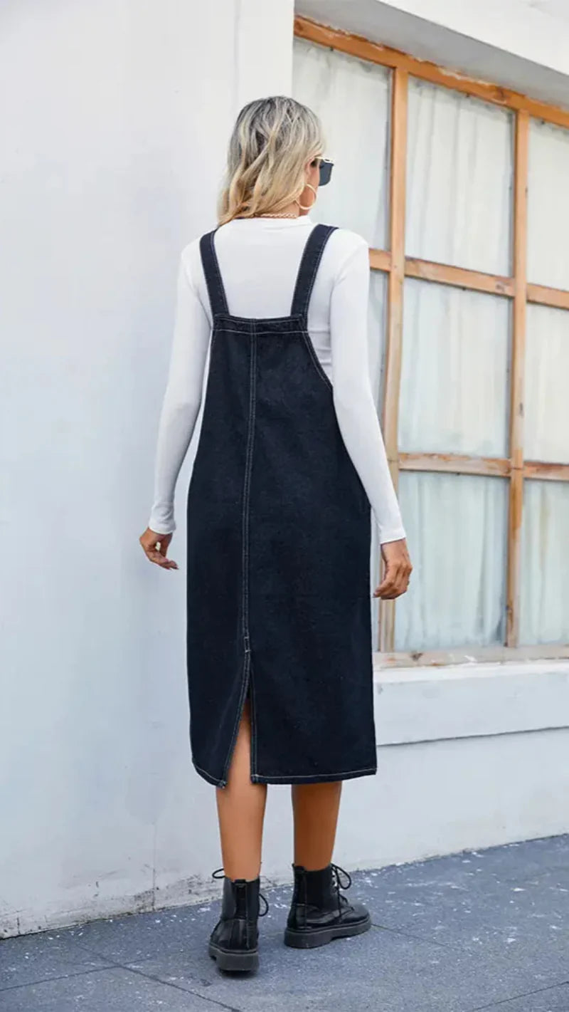 Versatile women's A-Line midi pinafore dress, pullover design. Ideal for a comfortable, casual spring look.