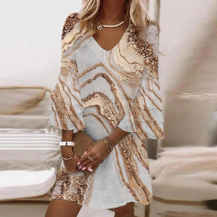 Women's A-line summer mini dress with V-neck and flare sleeves, perfect for sunny days.
