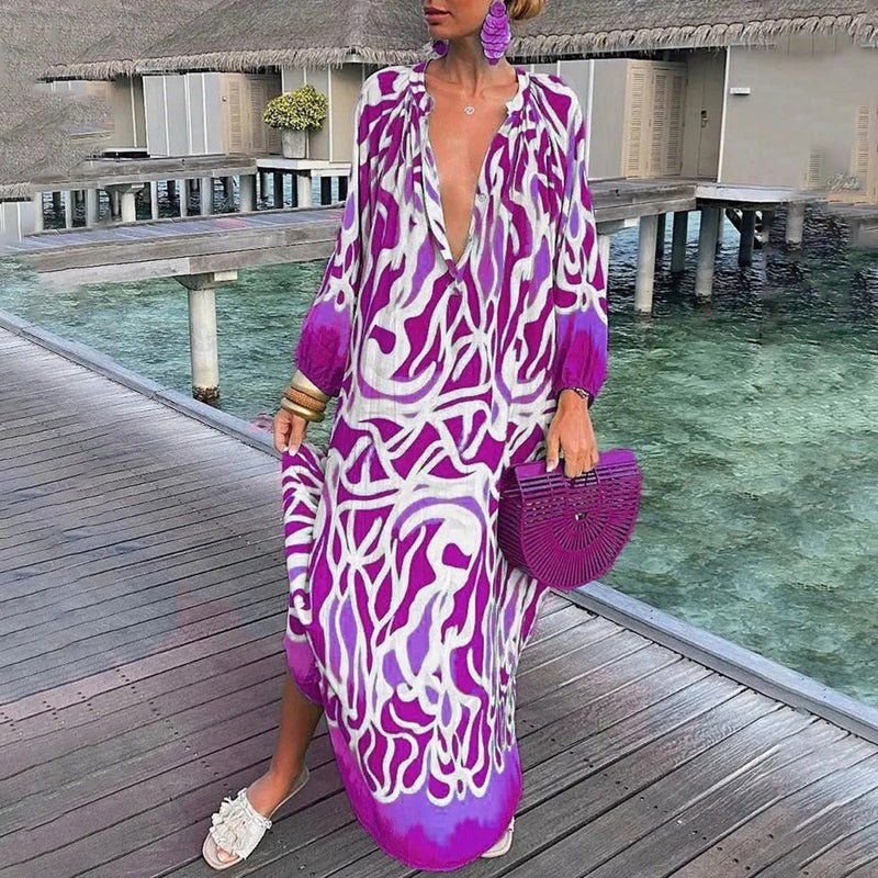 Bohemian abstract print maxi kaftan dress for women. Ideal resort wear, featuring a deep V-neck and relaxed fit.