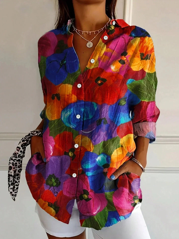 Effortless women's abstract print blouse, a relaxed fit summer top. Modern & colorful for any occasion.