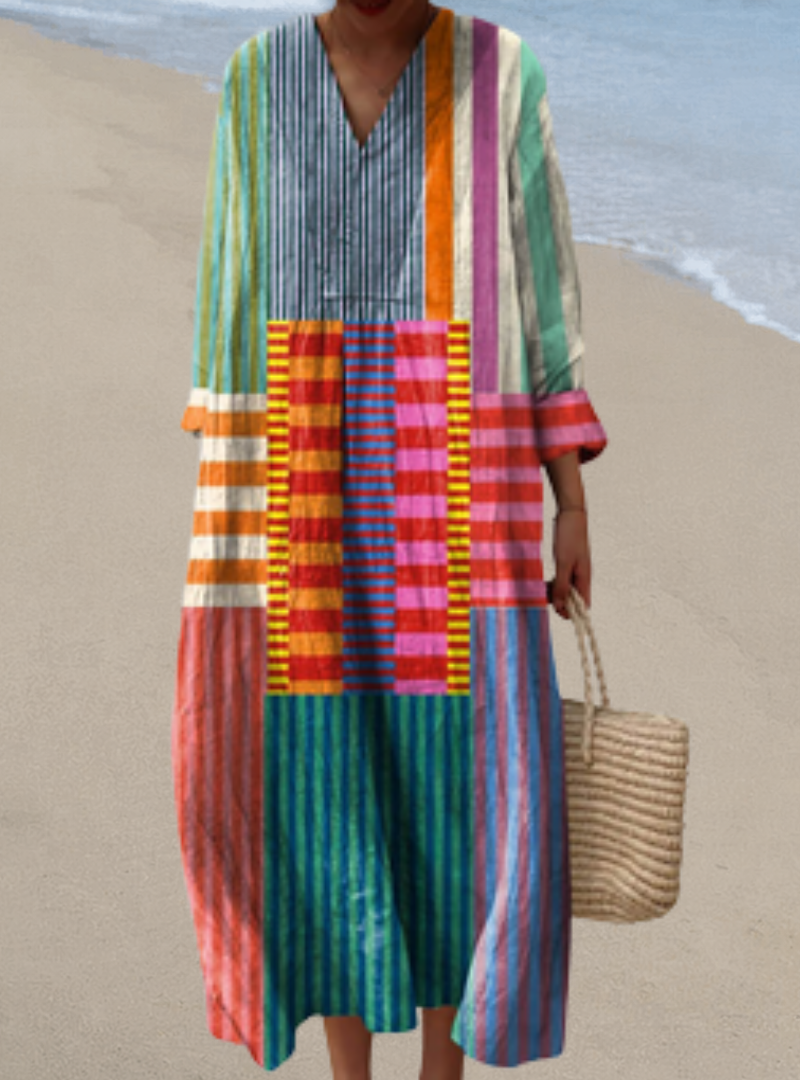 Flattering women's artisan summer dress, designed for airy comfort & elegant style. A perfect travel or special occasion dress.