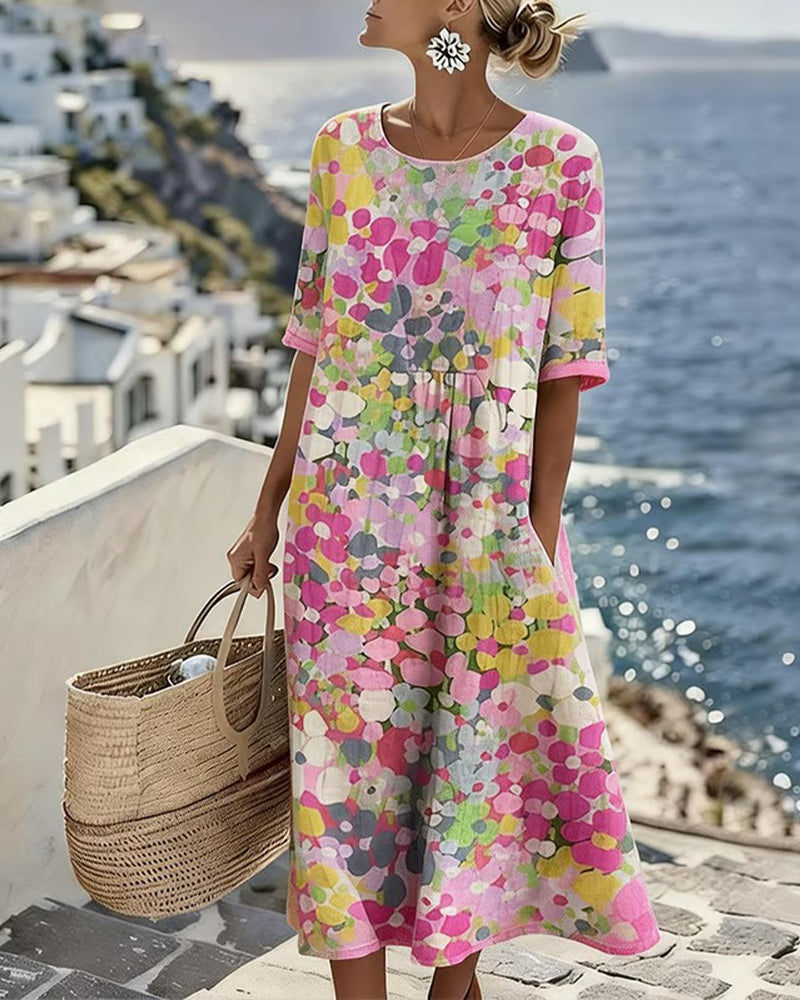 Women's airy floral print midi dress, A-line short sleeve design, perfect for summer and spring fashion.