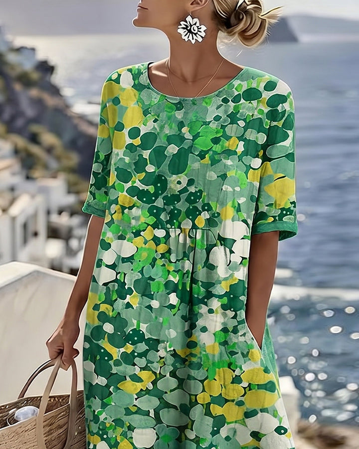Chic women's short-sleeve A-line midi dress with a delicate floral print, perfect for spring events.