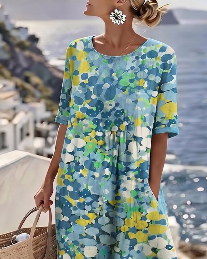Beautiful women's floral print midi dress, short-sleeve A-line style, embodying spring fashion trends.