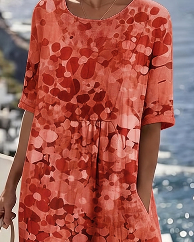 Versatile women's floral midi dress, short-sleeve A-line for spring, summer, and vacation wear.