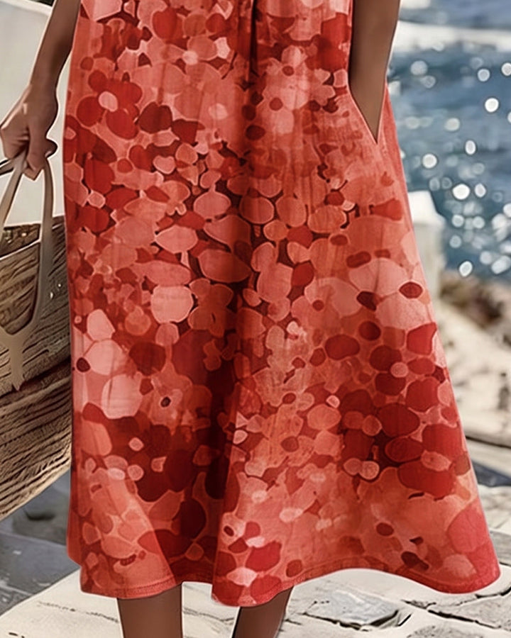 Classic women's airy floral print midi dress, featuring a comfortable short-sleeve A-line design.
