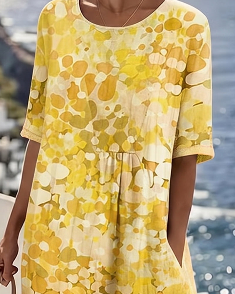 Graceful women's floral print midi dress, a short-sleeve A-line perfect for spring and summer comfort.