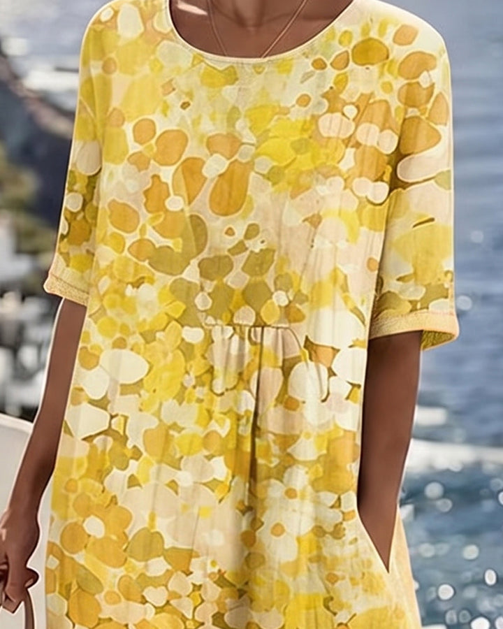 Graceful women's floral print midi dress, a short-sleeve A-line perfect for spring and summer comfort.