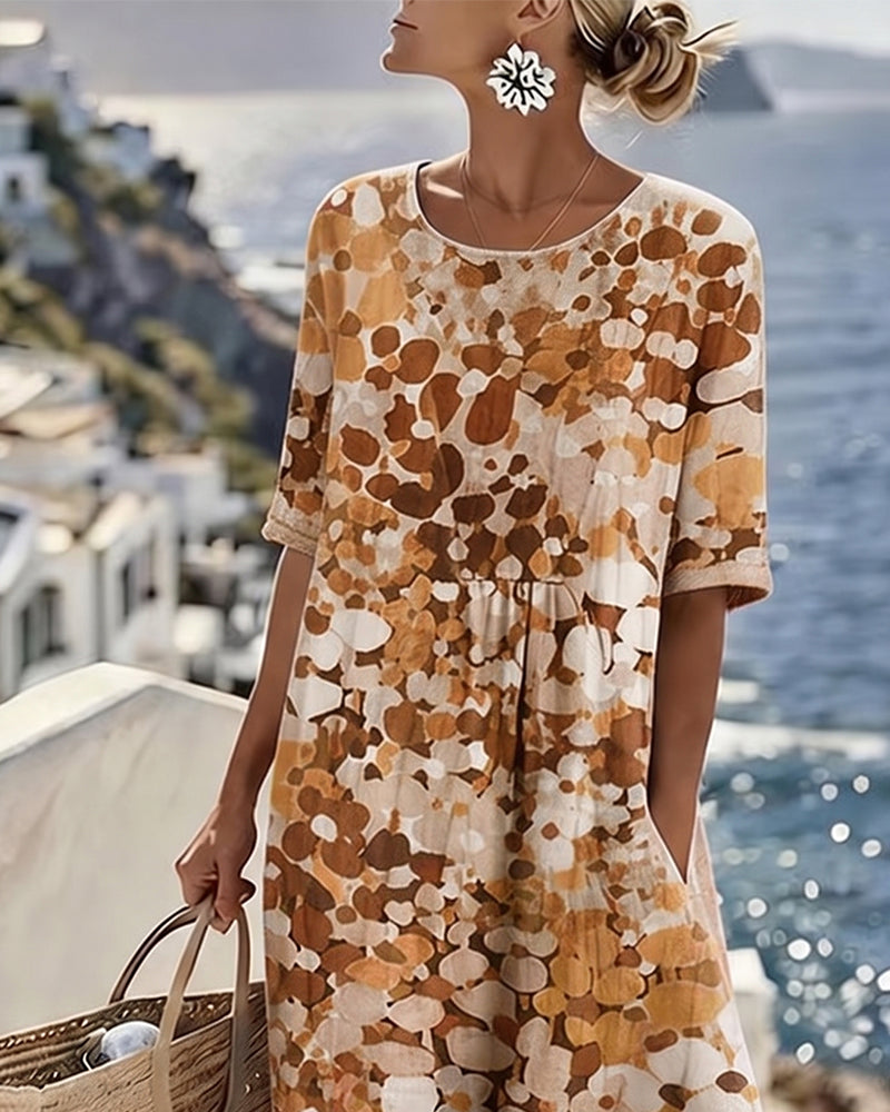 Elegant A-line floral midi dress for women, short-sleeve style offering both comfort and chic for spring.