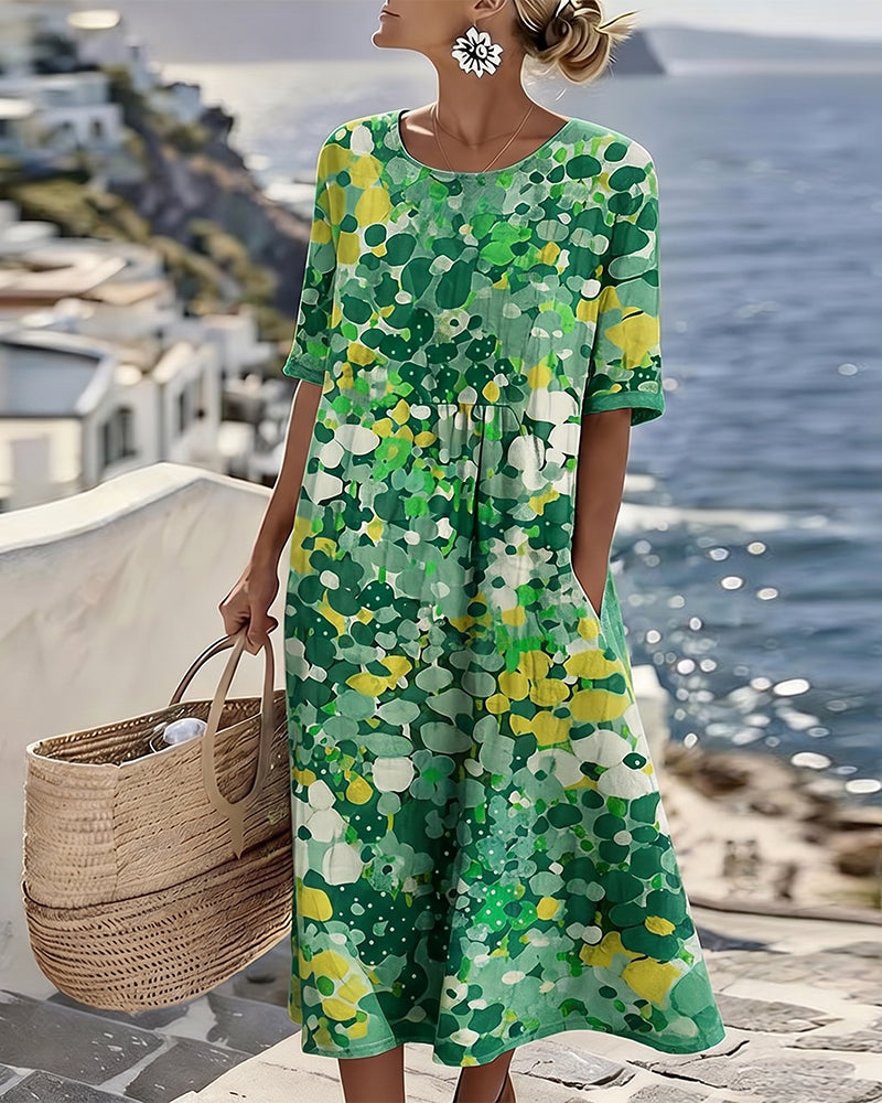 Elegant women's floral midi dress with a flowing A-line silhouette, ideal casual elegant vacation wear.