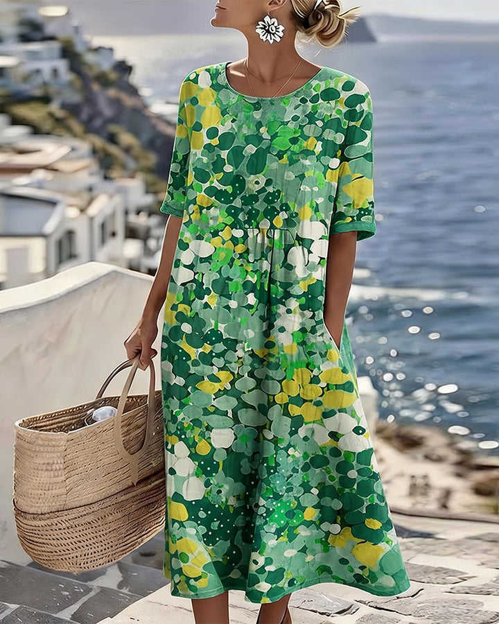 Elegant women's floral midi dress with a flowing A-line silhouette, ideal casual elegant vacation wear.