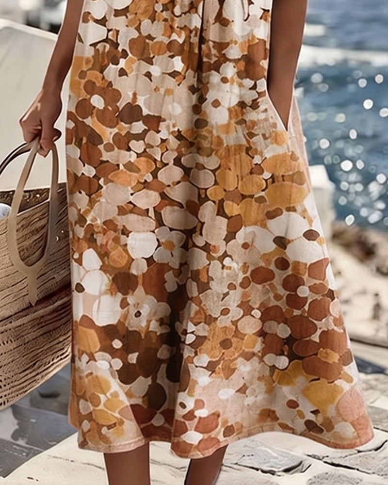 Sophisticated women's floral midi dress, airy and short-sleeved, an ideal choice for spring fashion.