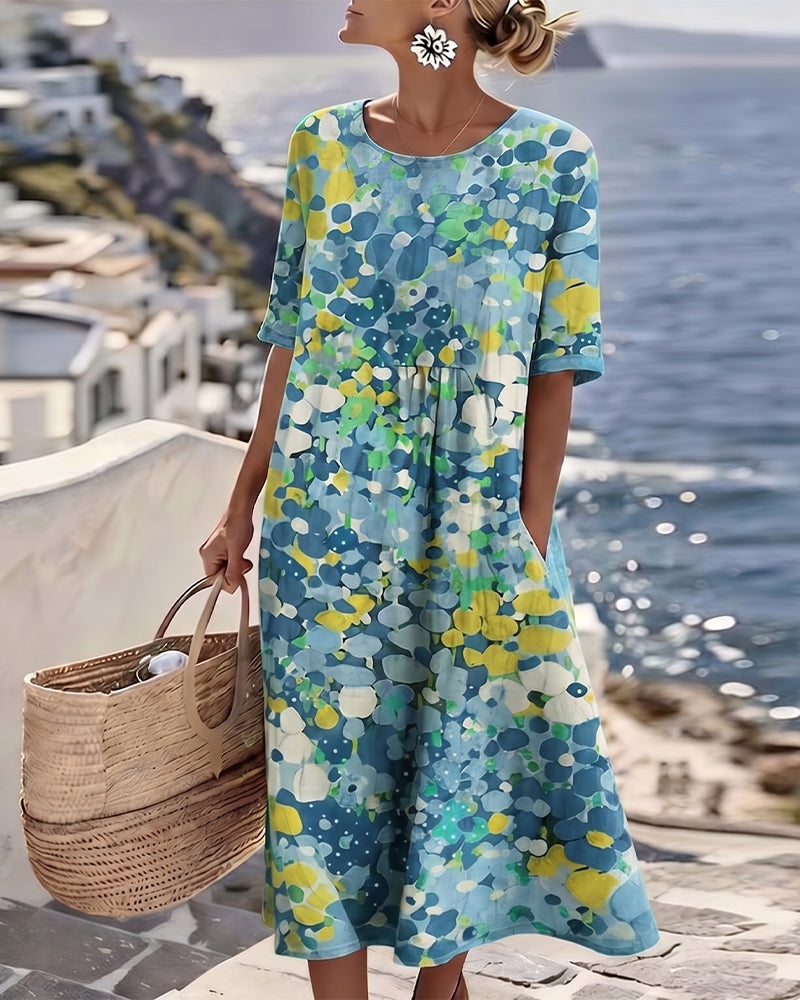 Breezy short-sleeve floral print midi dress for women, a comfortable and stylish choice for spring.