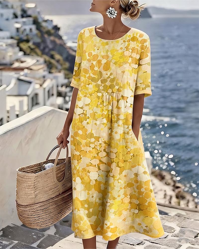 Women's A-line midi dress featuring a beautiful floral print and short sleeves, great for spring fashion.