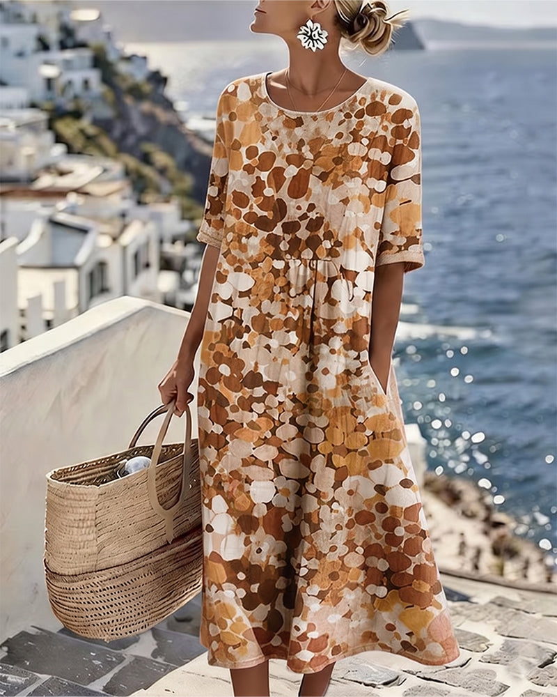Casual elegant women's floral midi dress, airy design with short sleeves, perfect for summer vacation.