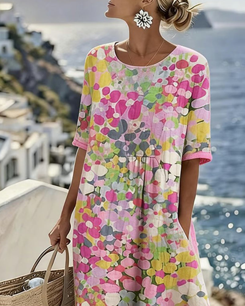 Stylish women's short-sleeve floral print midi dress, an essential for spring and summer fashion wardrobes.