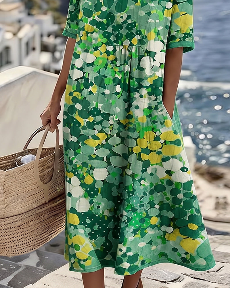 Flowy women's floral print midi dress, comfortable and airy, a must-have short-sleeve for sunny days.