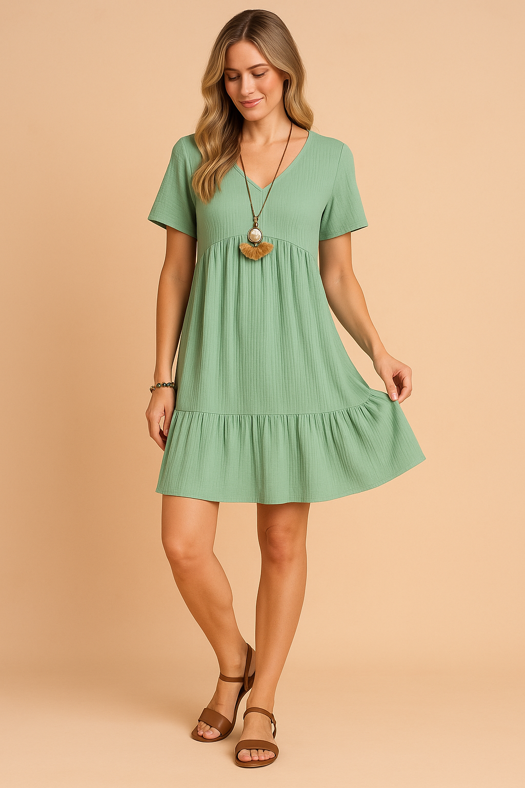 Women's Alira casual V-neck mini dress. Stylish short sleeve, loose fit for comfortable everyday wear.