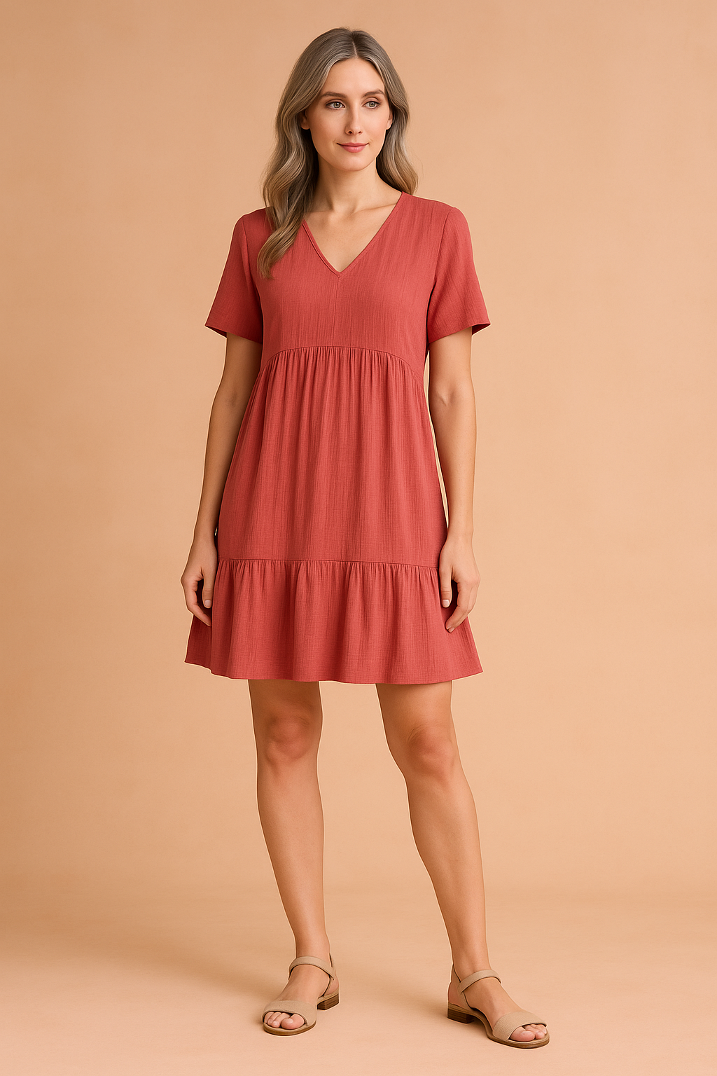 Alira women's V-neck mini dress. Versatile short sleeve, loose fit for comfortable casual summer fashion.
