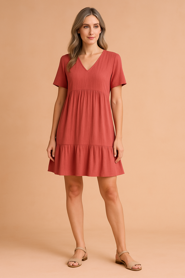 Alira women's V-neck mini dress. Versatile short sleeve, loose fit for comfortable casual summer fashion.