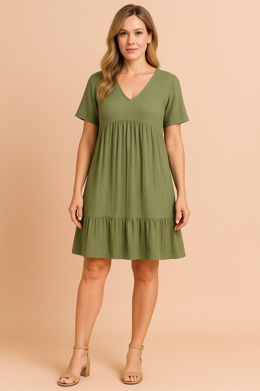 Stylish women's V-neck mini dress. Loose fit casual dress, great for summer fashion & everyday comfort.