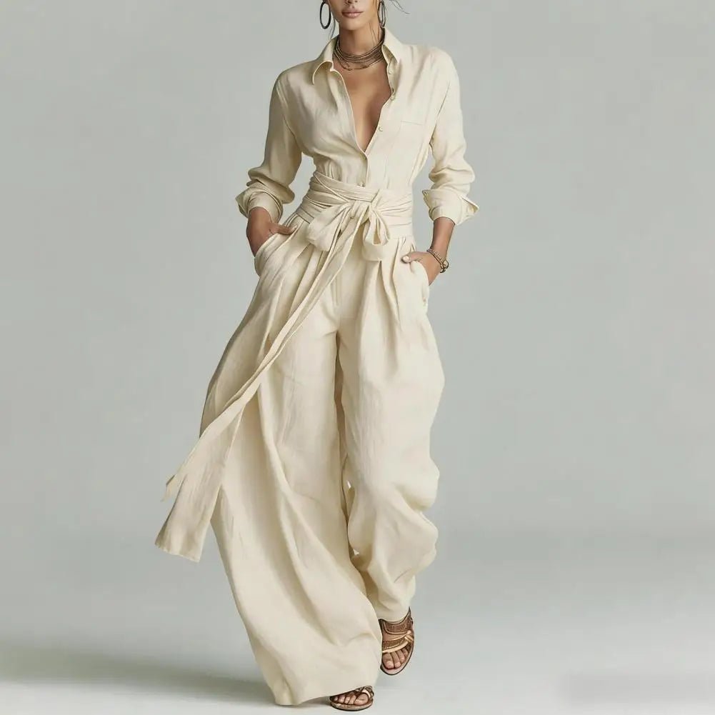 Women's apricot open-collar wide-leg co-ord set. Effortless smart casual matching outfit with high-waisted pants.