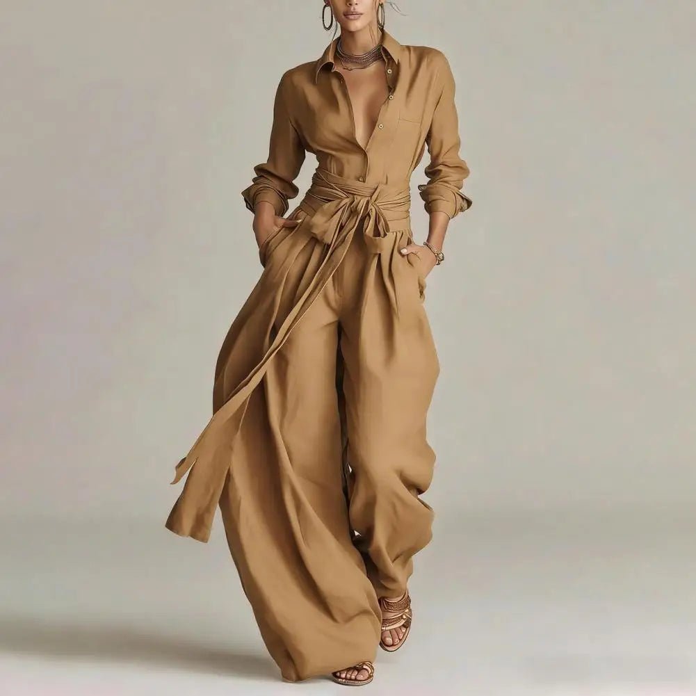 Khaki women's wide-leg co-ord set, featuring an open-collar shirt & high-waisted pants. Versatile day-to-night style.