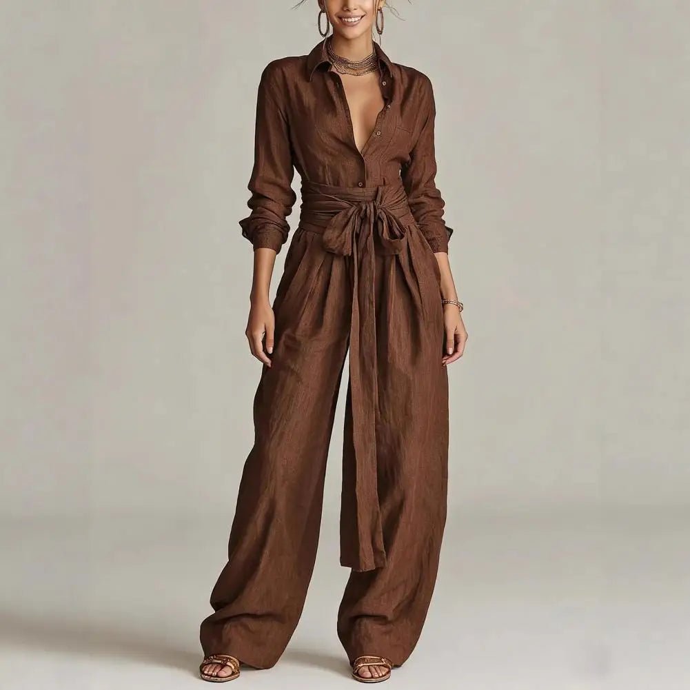 Black women's open-collar wide-leg matching set. Chic high-waist pants & shirt for smart casual versatile wear.